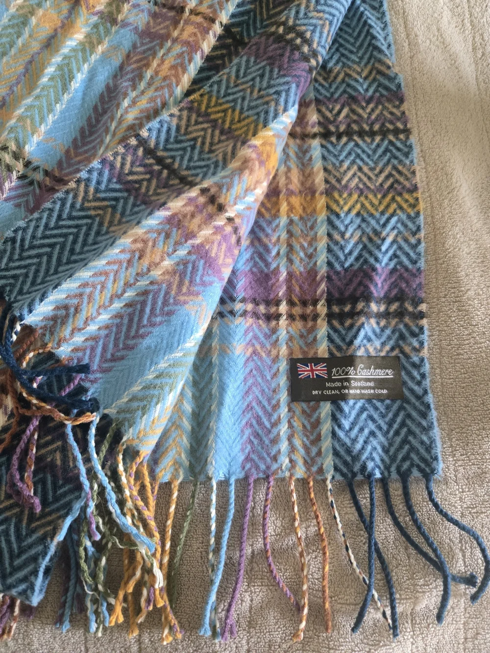 Blue & Mustard Plaid Fringe Scarf